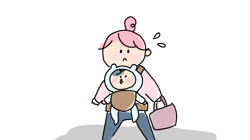 抱っこ紐で移動する鼻水を垂らした赤ちゃん